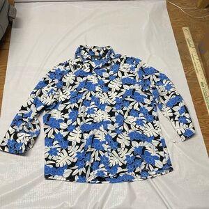 Impressions Blue Black White Floral Button-Front Shirt